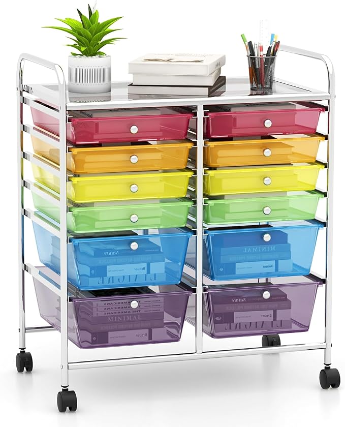Moccha 12-Drawer Rolling Storage Cart - Utility Cart on Wheels with Lockable Casters for Craft Art Supply Paper Salon, Mobile Drawer Carts for Classroom Teacher School Office (Rainbow)