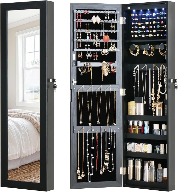 Full Length Mirror Jewelry Cabinet Organizer Lockable Door Wall-Mounted Jewelry Armoire with Shelves and Behind the Door Storage Black