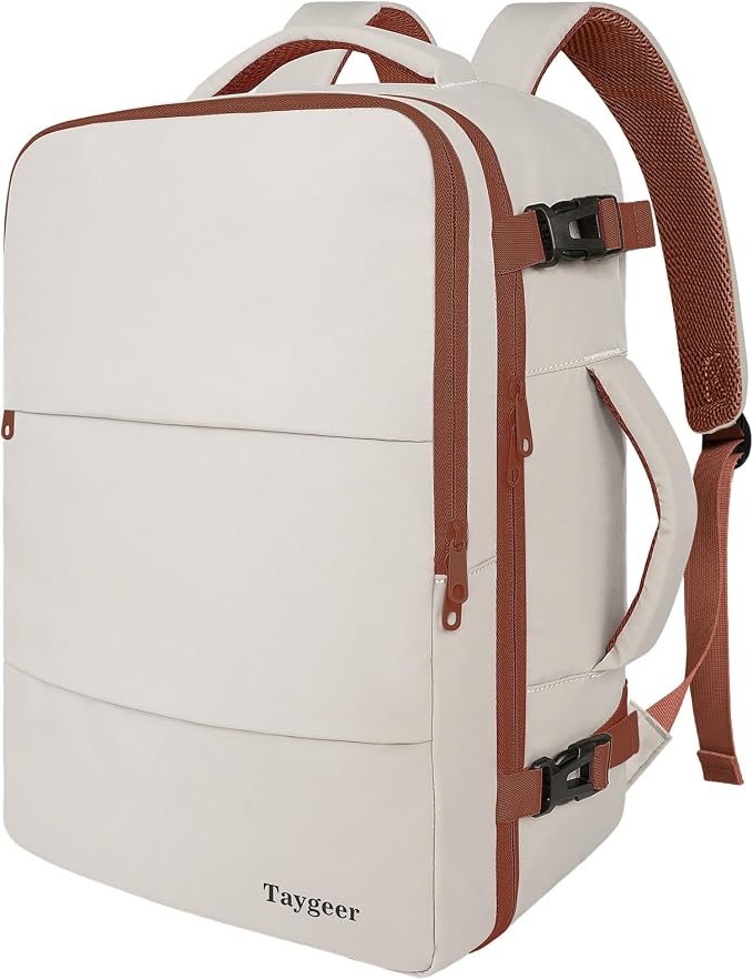 Taygeer Backpack for Women, College Backpack with Laptop Compartment 40l | Travel Laptop Mochila Carry On Luggage with Shoe Pouch, Airline Approved Personal Item Bag for Weekender Hiking, Khaki White