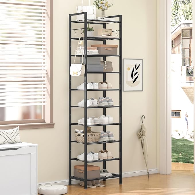 usikey 10 Tiers Narrow Shoe Rack 20-30 Pairs, Sturdy Metal Tall Shoe Rack Shelf with 4 Hooks, Slim Shoe Storage with Metal Shelf, Space Saving Vertical Shoe Organizer for Closet Entryway, Black