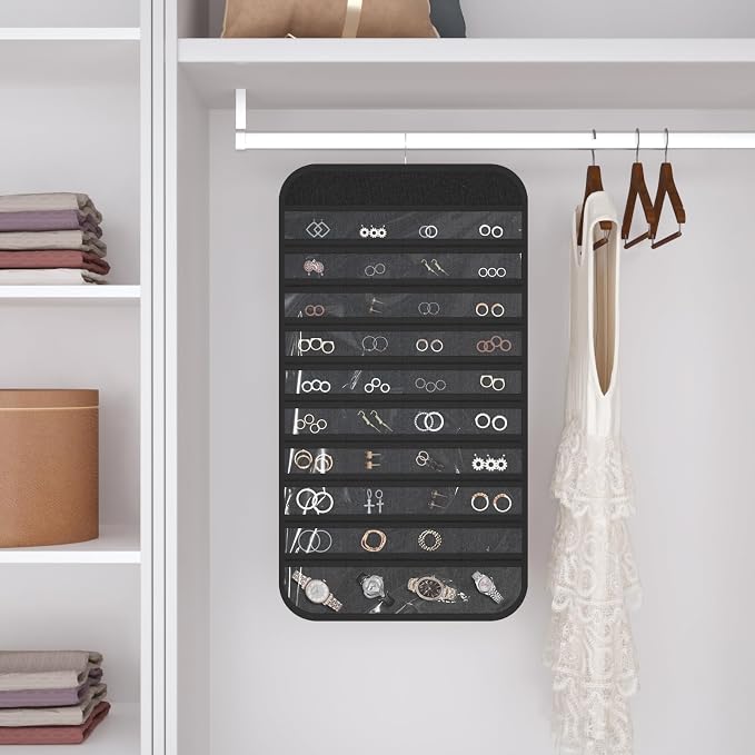 Double-Sided Hanging Jewelry Organizer for Necklaces Earrings, 2-Pack Black | Foldable 36 hooks & 40 clear pockets; swivel hook fits walls, doors & rods for earrings, bracelets, rings & small jewelry