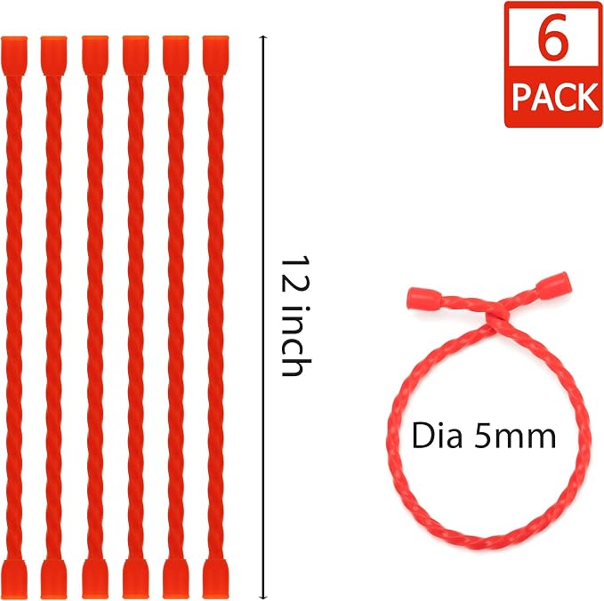 6 PCS 12-Inch Silicone Cable Ties Dia 5mm Reusable Steel-Core Rubber Twist Ties Bendable Cable Ties for Bundling and Holding, All Purpose Cord Tie for Indoor and Outdoor (Red)