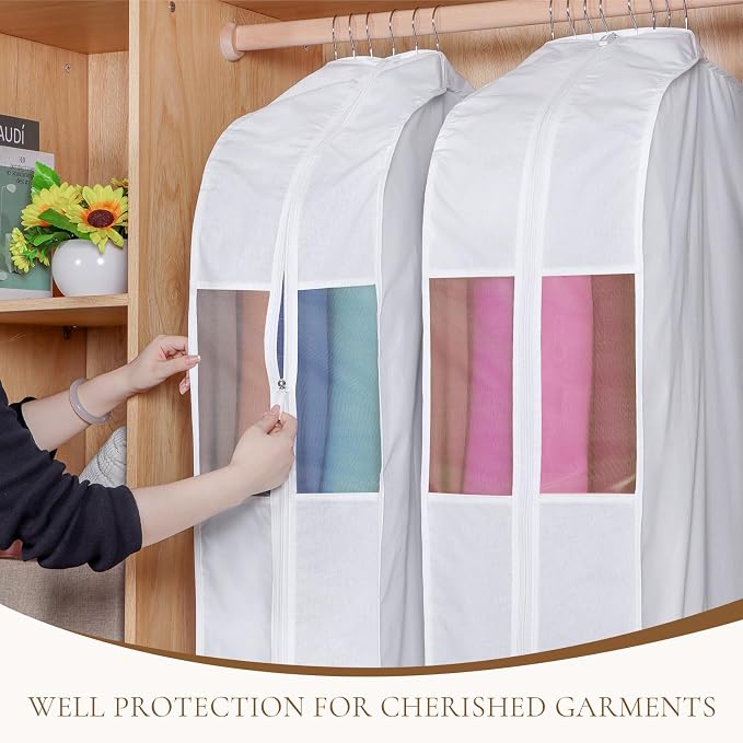 Univivi Premium Cotton Garment Bags for Hanging Clothes and Storage, 60 Inch Washable Dress Bags for Gowns Long, Full Zipper Dust Cover with Extra Large 10" Gusset & Clear Window - 2 Pack