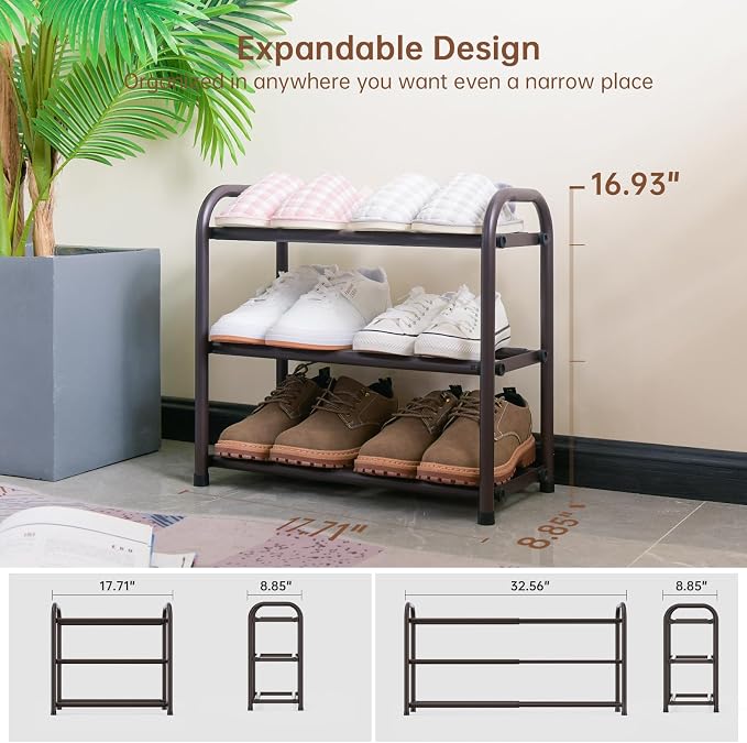Gonfoam Expandable 3-Tier Shoe Rack for Closet and Entryway, Bronze | Tool-Free Assembly, Metal Material, Adjustable Shoe Organizer, Sturdy, Small Space Solution, Dorms, Garages, Apartments.