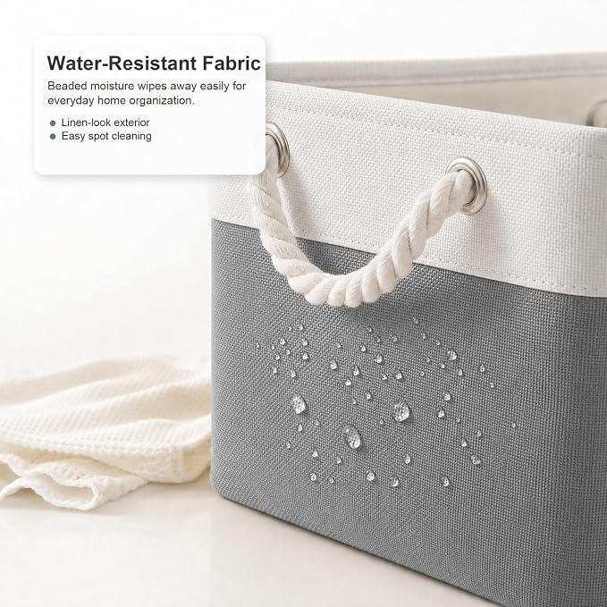 11x11 Inch Cube Storage Bins, 6 Pack Collapsible Fabric Storage Cubes with Rope Handles, Waterproof Foldable Storage Baskets for Cube Shelves, Closet, Clothes, Toys, Books, White & Gray