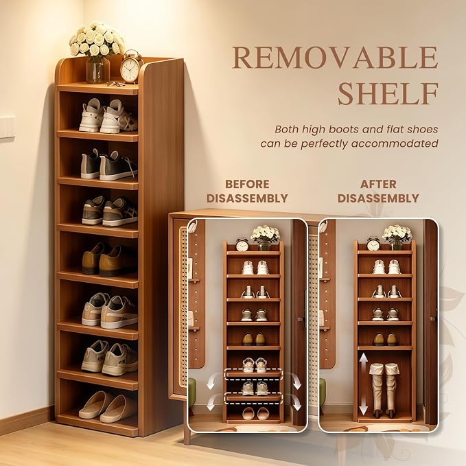 8 Tier Shoe Rack, Wood Tall Shoe Shelf for Closet Entryway | Vertical Shoe Storage Organizer, Space Saving Narrow Shoe Tower