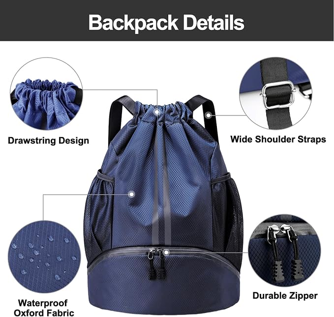 Hoedia Sports Drawstring Backpack - String Swim Gym Bag with Shoes Compartment and Wet Proof Pocket for Women&Men