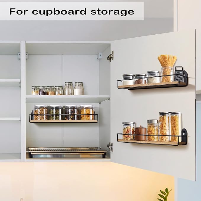 TJ.MOREE 2 Pack Spice Rack Wall Mount Rustic Style Hanging Spice Organizer for Wall, Kitchen Spice Storage,Black