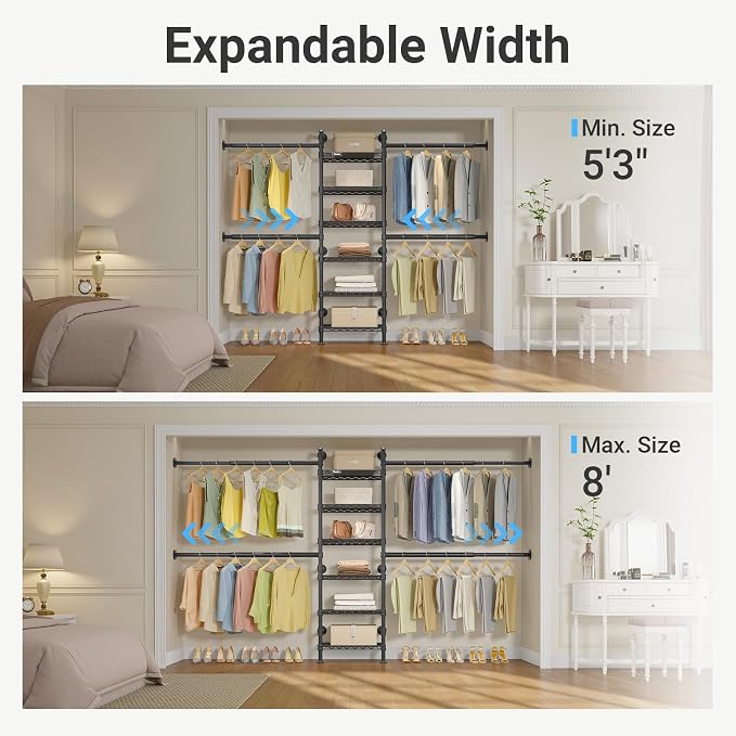 Timate S3X Medium Expandable Wall Mounted Clothes Rack with 6 Adjustable Shelves & 4 Expandable Hanger Rods, Heavy Duty Industrial Pipe Clothing Rack for Hanging Clothes, Fits Spaces 5'3"- 8', Black