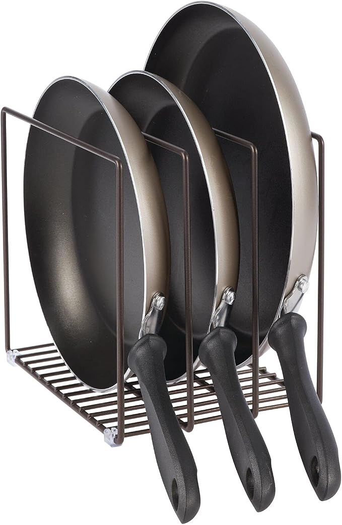 mDesign Steel Storage Tray Organizer Rack for Kitchen Cabinet - Divided Holder with 3 Slots for Skillets, Frying Pan, Pot Lids, Cutting Board, Baking Sheets - Concerto Collection - Bronze