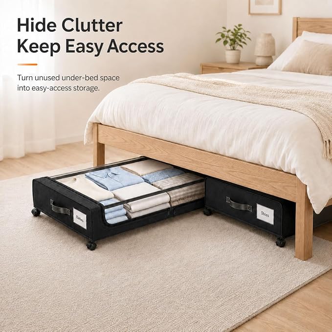 Camkey® Under Bed Storage with 360° Wheels, 2-Pack, 60L Low-Profile Rolling Underbed Bins for Clothes, Shoes, Toys & Books,Easy Pull-Out, Dust Protection, Space-Saving Organizer for Bedroom/Dorm,Black