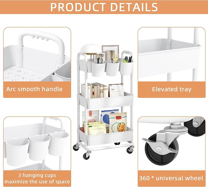 JIUYOTREE 3-Tier Plastic Rolling Storage Cart Utility Cart with Extra Hanging Cups Handles Lockable Wheels for Living Room Bathroom Kitchen Office White