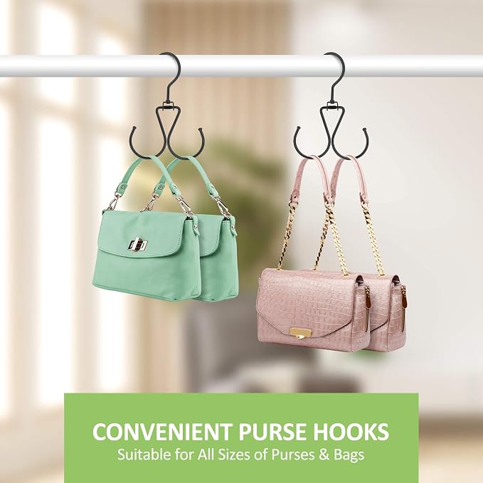 6 Pack Purse Hanger for Closet, 12 Storage Capacity Rotatable Purse Hooks, Hanging Backpack Bag Holder, Closet Organizers and Storage, Black