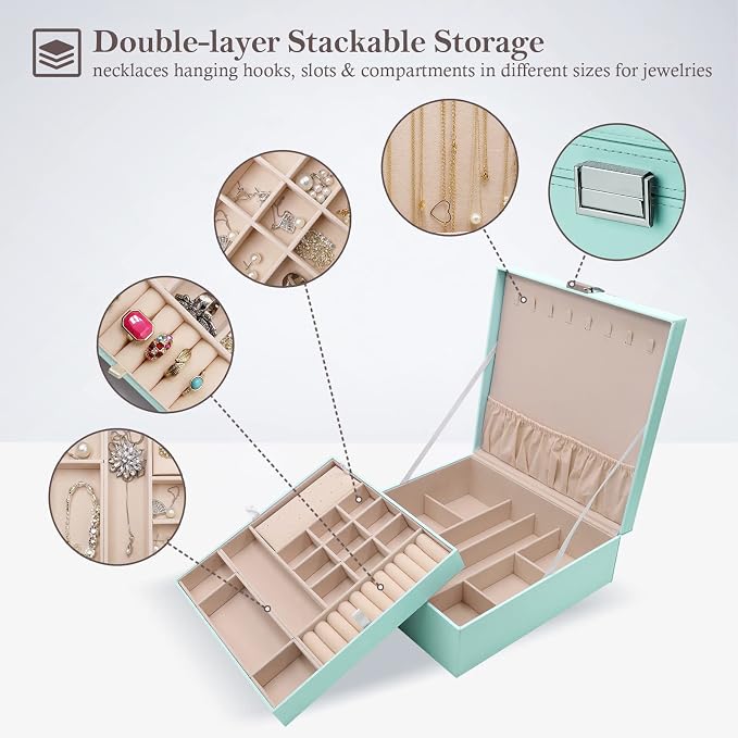 ProCase Jewelry Box for Women, 2 Layers Large Leather Jewelry Organizer Storage Case with Removable Pad for Earrings -Mint