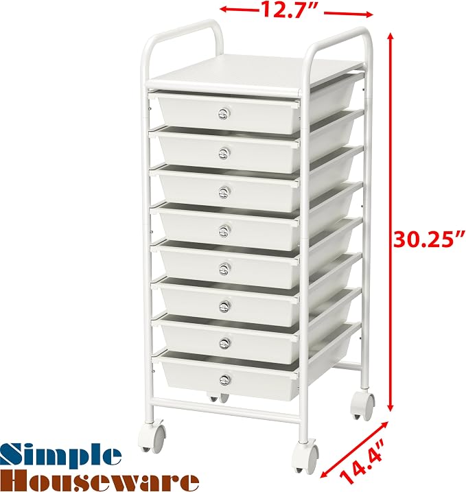 Simple Houseware 8 Drawers Rolling Utility Cart Art Craft Storage, White | 1-Column, 30.25" Height, Lockable Wheels, for School, Office, Art Craft, and Paper Storage