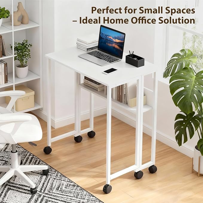 Folding Desk Small Rolling Desk with Storage Shelf,24.8 Inch Foldable Computer Table with Wheels,Portable Office Desk for Small Space Sofa Table,Easy to Fold,Writing Work Office Computer Desk,White