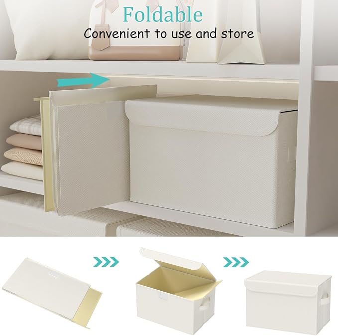 Storage Boxes, Clothes Bins with Lids, 2 Pack, Beige, 15x9.8x9.8 In | Closet Boxes with 2 Carrying Handles, Sturdy Heavy PP-board, Home Organizers Cubes with Cover for Organizing