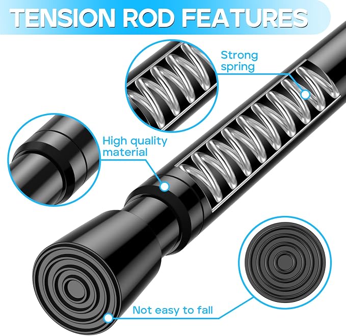 Spring Tension Curtain Rods 26-39 Inch Black 2 Pack | No-drill & tool-free setup. Fits windows, kitchens, doorways. Rust-resistant, great for light curtains.