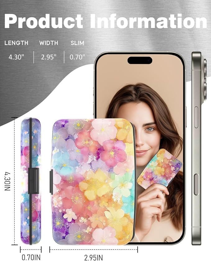Maicican Credit Card Holder, Mini RFID Blocking Aluminum Wallet | Slim Metal Hard Case Travel Wallet ID Case for Women and Men, 4.3 x 2.9 Inches, Cherry Blossoms
