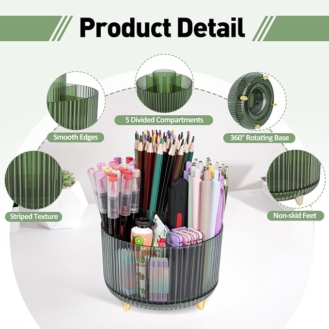 360 Rotating Pen Pencil Holder for Desk, Pen Organizer with 5 Slots, Makeup Brush Holder, Desk Organizer and Accessories, Cute Pencil Cup Caddy for Office School Home Decor Art Supply (Green)