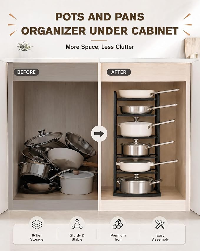 HULISEN Pots and Pans Organizer Under Cabinet, Adjustable Pot and Pan Organizer(14.8" to 26.2"), Vertical Pan Organizers Inside Cabinet, Kitchen Storage Rack for 12" Cookware Lids Baking Trays