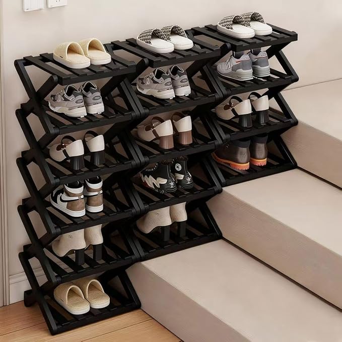 Vertical Black Shoe Rack Small, 5 Tier Portable Folding Shoe Storage Rack, Without Installation Free Standing Shoe Rack for Corridors, Bedrooms Living Room Corner and Small Spaces