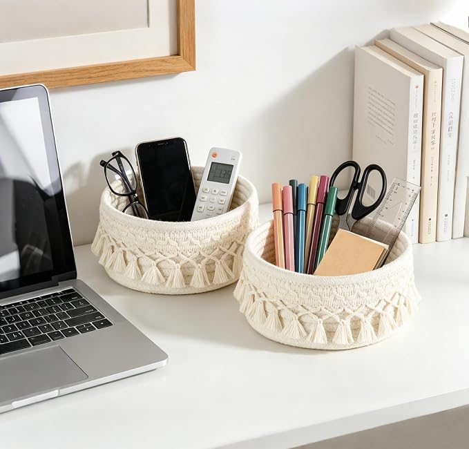 Mkono Macrame Makeup Brush Holder, Boho Mini Storage Basket Set of 2 Ivory | Small 7"W x 3.15"H, Decorative Basket, Comb Pens Tiny Succulents Holder, Bedroom Vanity Living Room Bathroom Dorm Office