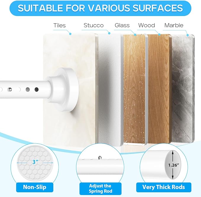 Tension Curtain Rod White Tension Rod 40 to 148 Inch Spring Curtain Rods Non Slip Tension Rods 1pcs For Windows No Drilling Adjustable Tension Rods of Curtains Window Closet Kitchen Wardrobe