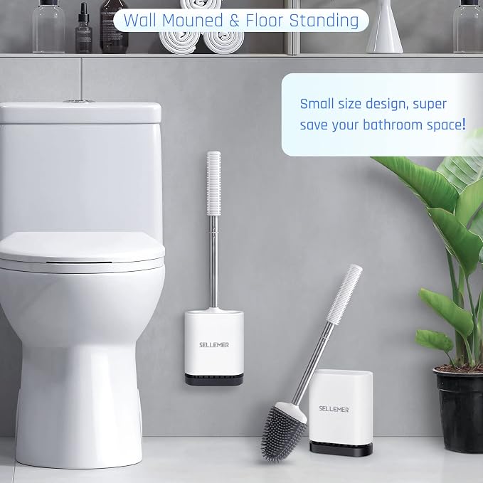 Sellemer Silicone Toilet Brush, Ventilation Slots Base Holder 2 Pack, White | Flexible Bristles Flat Head for Rim, Hair Tangle-Free, Easy to Clean, Compact Design, Rustproof Handle, for Toilet/Sink/Tub