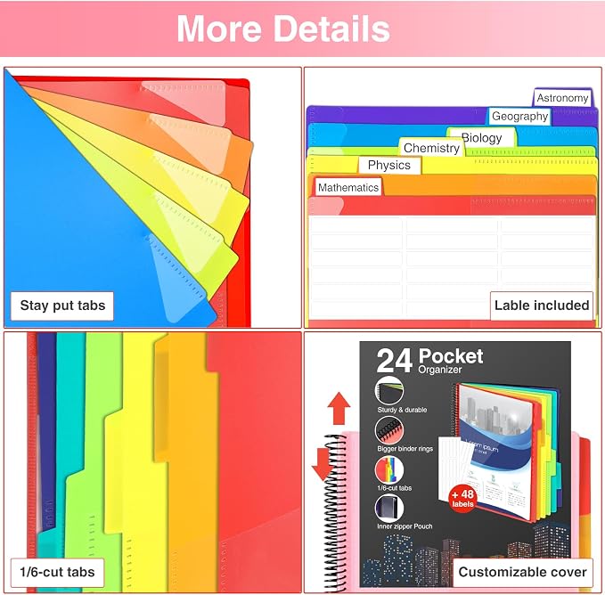 Forvencer 24 Pocket Project Organizer, 1/3-cut Tab Binder Organizer with Sticky Labels, Multi Pocket Folder with Zipper Pouch, Folder Binder Spiral Pocket Notebook, Office Supplies, Letter Size, Pink