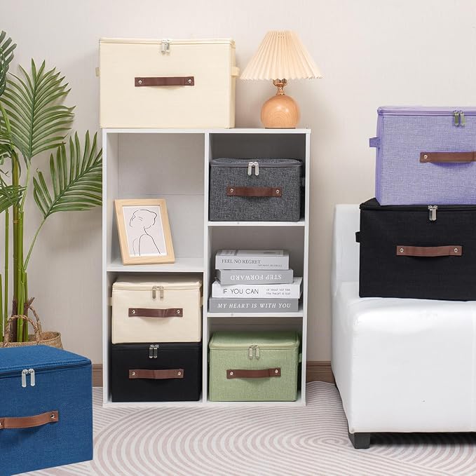 Storage Bins with Zipper Lid Foldable Fabric Lidded Storage Boxes Baskets Cubes Washable Collapsible PU Leather Handle Cotton Linen Shelves Closet Organizer Container(Purple, Small Size)