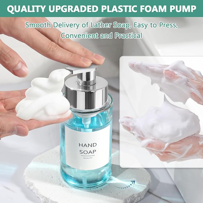 RYTOXILO Glass Soap Dispenser, 10 oz/300ml Foaming Soap Dispenser, 2 Pack Foaming Hand Dispenser for Bathroom & Kitchen, Clear Refillable Foam Soap Bottle with Silver Pump