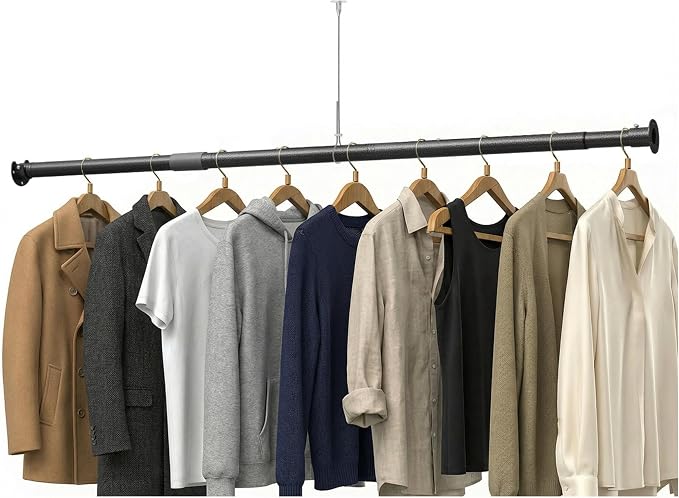 Heavy Duty Closet Rod 17-70 Inches, Adjustable, Black | Metal,1.1 Inches Diameter, Suitable for Wardrobes, Laundry