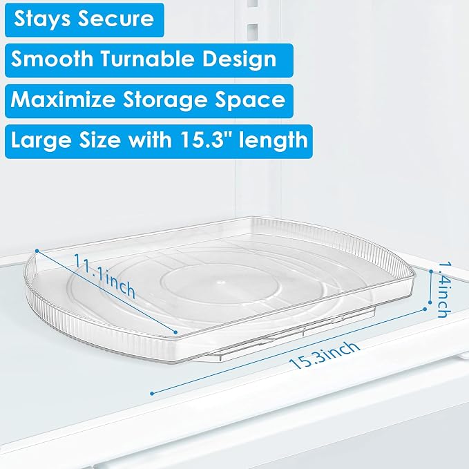 Lazy Susan Turntable for Refrigerator, Square Turntable Organizer for Fridge Cabinet, Pantry, Countertop (15.3" x 11.1" Rectangle 1 Pack - Clear)