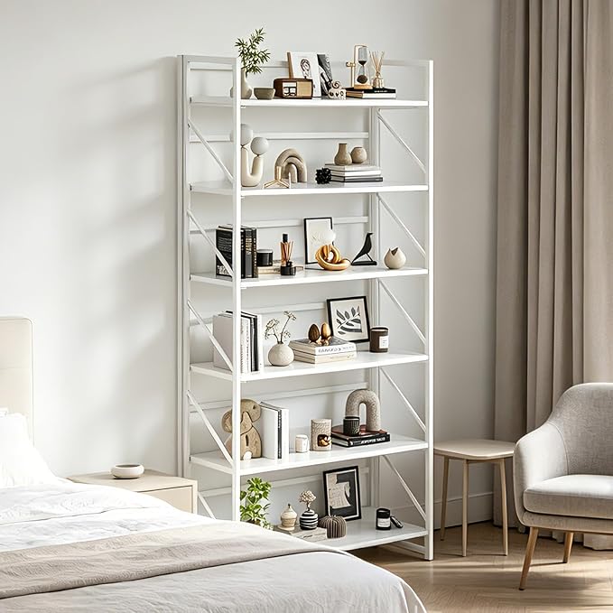 JSB 6 Tier No Assembly Folding Bookshelf, 30.7" Wide Foldable Storage Bookcase for Home Office, Space-Saving Storage Shelf for Living Room (All White)