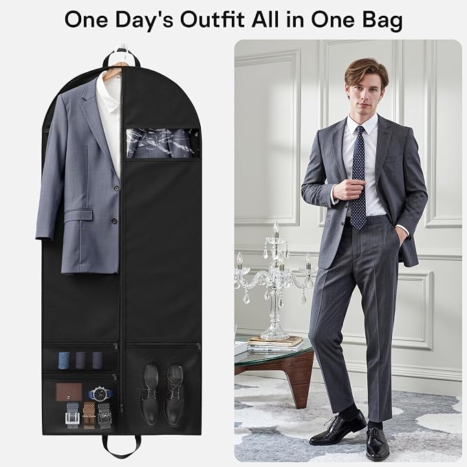 1 Pack Heavy Duty Garment Bags for Travel Suit Bags, Dress Bags, Garment Bags for Hanging Clothes with Pockets Men's Suit Holder for Shirts, Coats, Dresses (Black, 1Pack60")