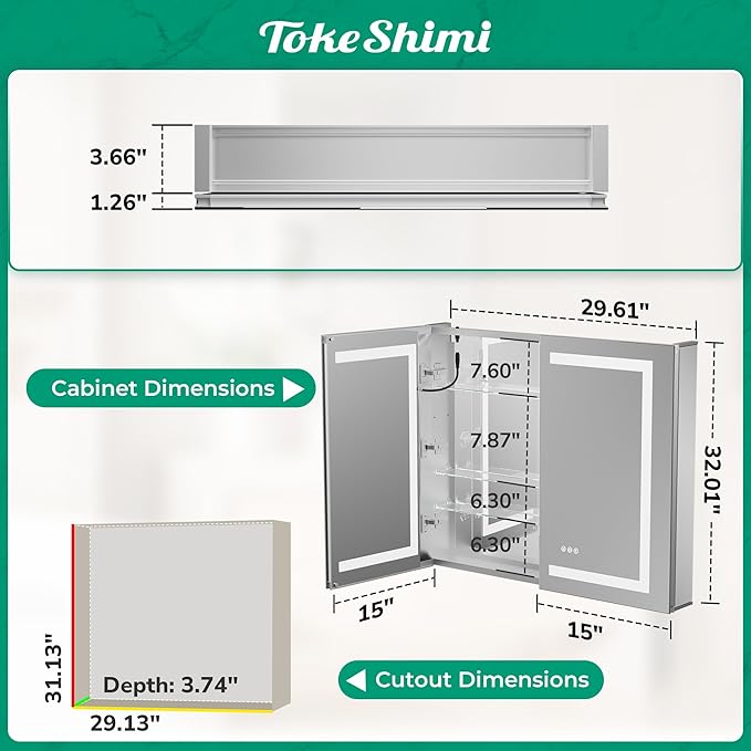 TokeShimi 30x32 Led Medicine Cabinet Mirror with Electrical Outlet, Wall Mounted or Recessed Medicine Cabinet with Light Frontlit, Anti-Fog 3 Colors Dimmable Mirror with Storage for Bathroom