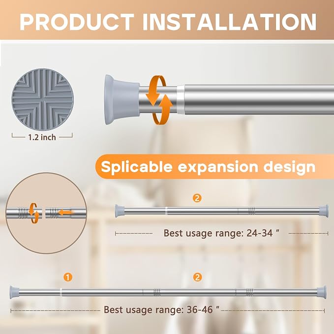 2PCS Silver Spring Curtain Rods for Windows 23 to 46 Inch, Adjustable Pressure Tension Curtain Rods No Drilling, Small Tension Rod for Doorway Closet Door Kitchen Curtain