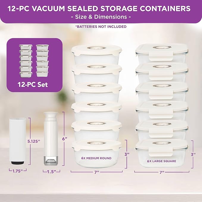 HOLDN’ STORAGE Vacuum Food Storage Containers, Set of 12 Glass Containers with Electronic & Manual Pump - Keep Food Fresh Longer, BPA-Free Glass, Leak-Proof, Ideal for Meal Prep, Marinating