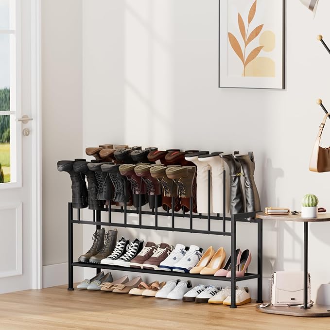DIMJ Boot Rack 3-Tier - Black Metal Boot Storage Rack for Tall Boots Organizer Tall Boots, Multiuse Shoe Rack for Boots, Sneakers, High-Heel, Entryway, Fit for 10 Pairs, Black