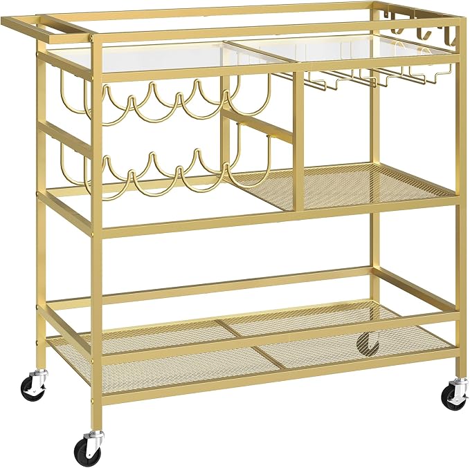 MAHANCRIS Bar Cart for Home, 3-Tier Serving Cart with Wheels and Handle, Beverage Cart with Wine Rack and Glass Holders, Rolling Wine Cart for Kitchen, Dining Room, Gold RCGD81B01