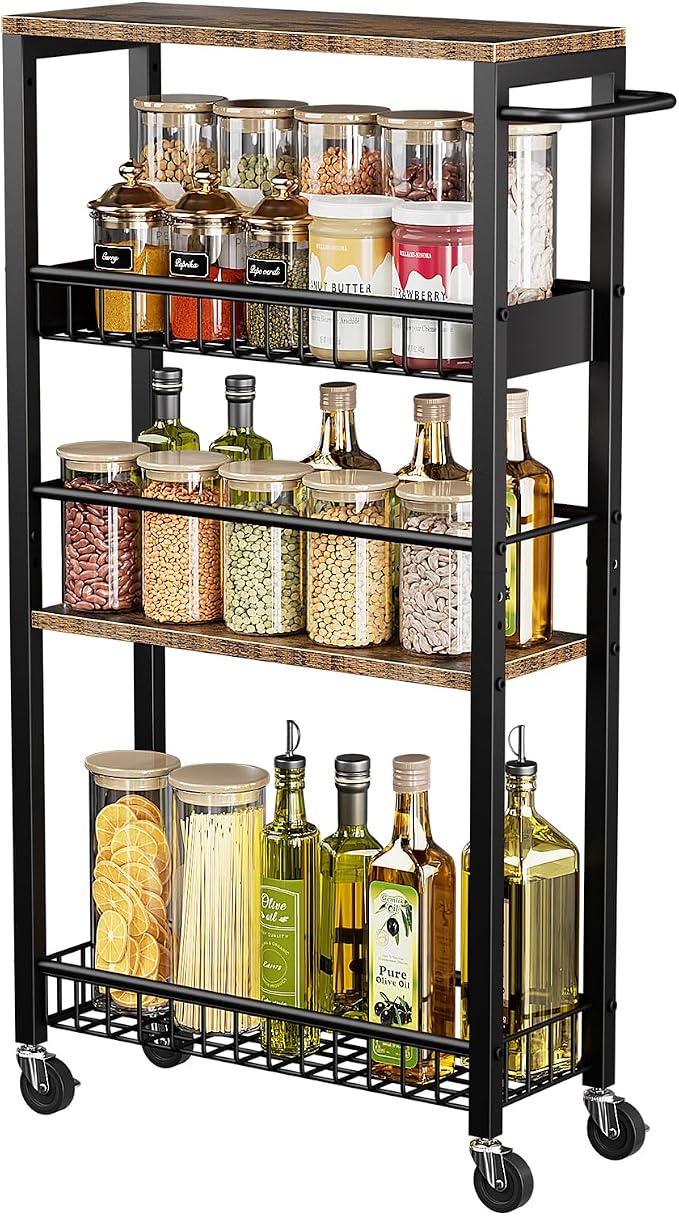 Slim Rolling Storage Cart, 4 Tier Narrow Storage Cart, 7.1in(W) | Metal Kitchen Rolling Cart for Small Spaces, Narrow Shelf for Kitchen, Laundry Room, Bathroom, Living Room