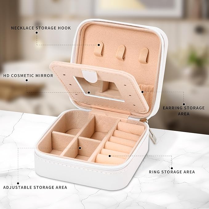 Neveika Jewelry Box with Mirror,Small Jewelry Organizer Box，Travel Jewelry Case for Women，Gift Jewelry Boxes for Female Girls (mirror white)