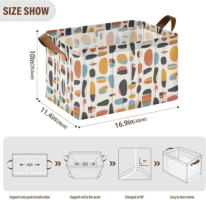 Geometric Mid Century Modern Storage Bins for Shelves with Labels&Handles Fabric Organizer Bin Foldable Rectangle Storage Basket Boxes for Closet, Bathroom, Home, Living Room, 2 Pack