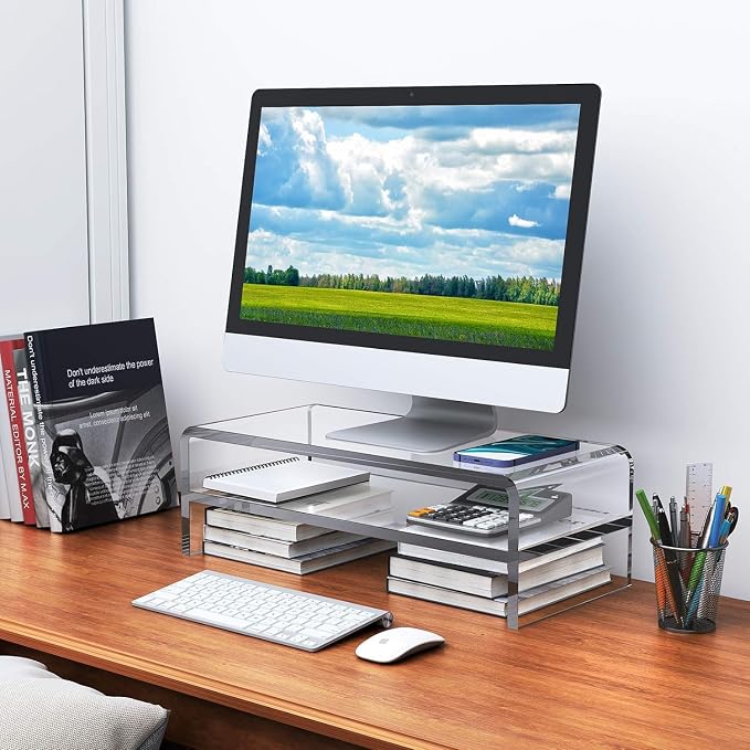 Egchi Acrylic Monitor Stand,2 Tiers Computer Monitor Riser(18x8x5.5 inches),Computer Stand/Monitor Riser for Office,School,Home,Laptop Stand Desktop Stand for Keyboard Storage&Printer TV Screen