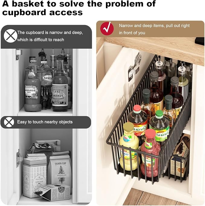 TrailBlaze Heavy Duty Pull Out Wire Storage Baskets for Kitchen Cabinets – Carbon Steel Slide-Out Drawers – Undershelf Pantry & Bathroom Organizer – Easy Install – 152x412x162mm – 2-Pack