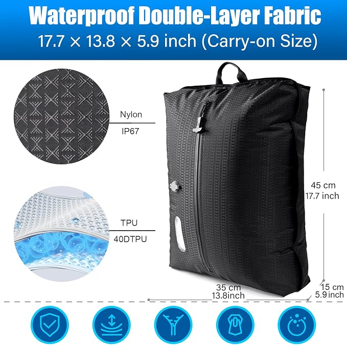 Travel Vacuum Bags with Pump–Electric Wireless Air Pump, Carry-on Size Vacuum bags for Travel, Double Layer for Luggage with IP67 Waterproof (2PC+Pump)