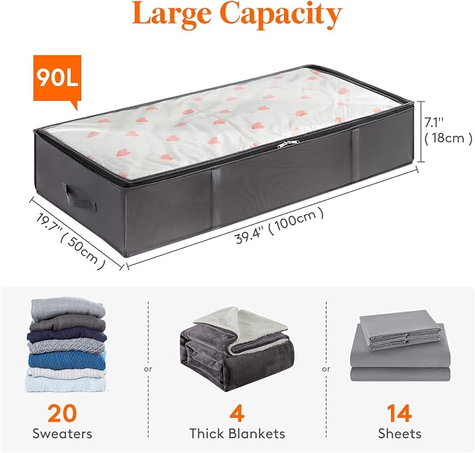 Lifewit 95L 6 Pack Under Bed Storage Containers, Large Capacity Blanket Storage Bags with Reinforced Handle, Organization and Storage for Comforters, Sheets, Clothes, Bedroom, College Dorm, Grey