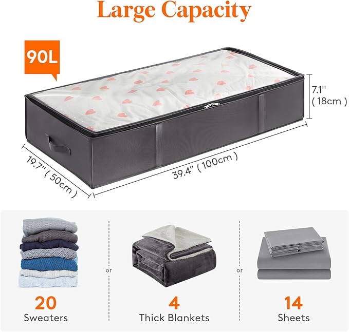 Lifewit 95L 8 Pack Under Bed Storage Containers, Large Capacity Blanket Storage Bags with Reinforced Handle, Organization and Storage for Comforters, Sheets, Clothes, Bedroom, College Dorm, Grey