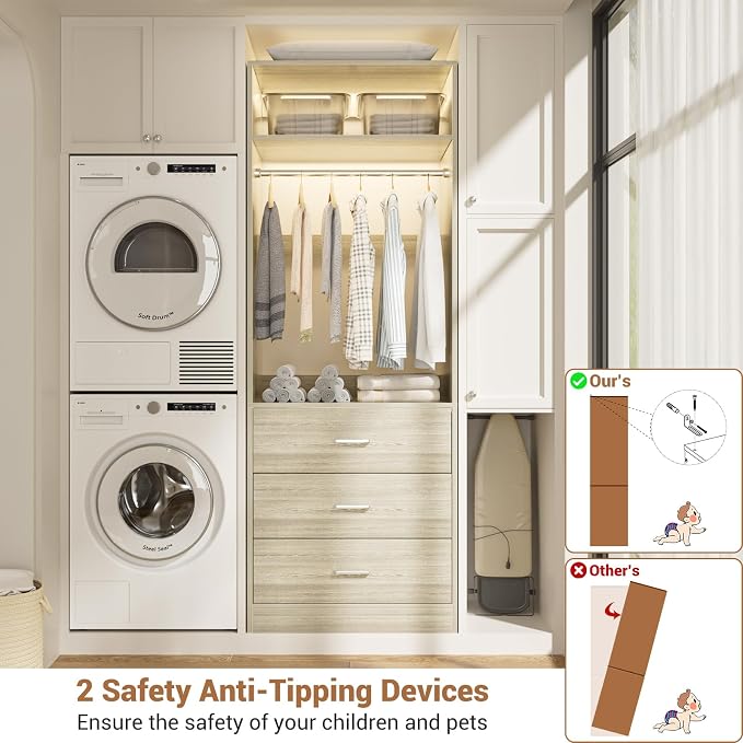 Besiost Freestanding 2FT Closet System with 3 Wood Drawers, 24" Closet Organizer System with Hanging Rod & Shelves, Walk-in Closet Systems for Small Closet, White Oak (24"L*15"W*80"H)